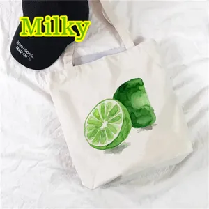 Shopping Bags Lime Lemon Print Girl Shoulder Tote Women Canvas Harajuku Y2k Plant Lady Reusable Shopper Bag Handbags