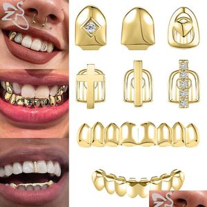 Grillz, grille dentystyczne ZS 1-2 sztuki Hip Hop złota zęby lśniące błyszczące cz kryształowy krzyżowy GRILLZ WYSOKIE POLETOWANIE Ząb górny ząb C DHQ8V