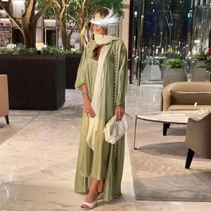 Ethnic Clothing Eid Party Silk Satin Abaya Muslim Women 2 Piece Open Kimono Inner Maxi Dress Set Turkey Arabic Kaftan Robe Dubai Morocco