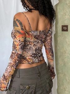 Women's Tanks Women S Floral Print Long Sleeve Crop Top Mesh Vintage Spaghetti Strap Cold Shoulder T-Shirt Slim Fit Spring Shirt