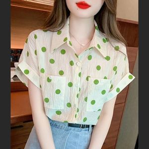 Bolsos estampados doces polca pontas camisas de chiffon roupas fêmeas de verão tops casuais soltos coreanos blusas de manga curta 240530