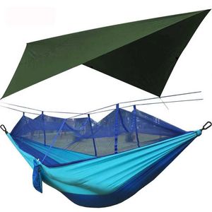 Hängematte Outdoor Camping Hängematte mit Moskitonetz und Sonnenunterkunft tragbares Doppel -Fallschirm -Schwungzelt -TARP -Regen Fliege H240530 5qojjj