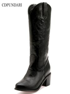 أحذية رعاة البقر الغربية السوداء للنساء عالية الكعب السيدات الخريف الشتاء أحذية عجل واسعة العجل الحجم سوبر الحجم 2011164463631