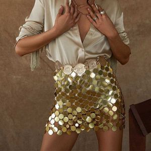 Skirts Design womens silver plastic paint high waist short skills holiday clothing gold plate chain tail sequin mini skills S2452933