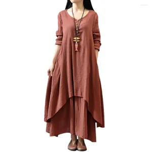 Casual Dresses Women Dress Solid Color Long Sleeve Baggy Loose Layered Maxi