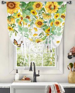 Curtain Watercolor Flowers Sunflower Butterfly Window For Living Room Home Decor Blinds Drapes Kitchen Tie-up Short Curtains