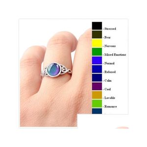 Solitaire Ring Creative Temperature Sensitive Change Color Mood Rings For Women Vintage Opal Gemstone Wedding Finger Fashion Emotion Dh5Oh
