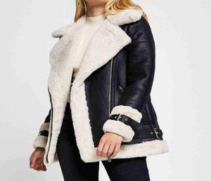 Fmfssom Women Winter Thick Jacket Pu Faux Soft Leather Black White Sheepskin Fur Jacket Female Aviator Casual Feminino Outfit J2205046507