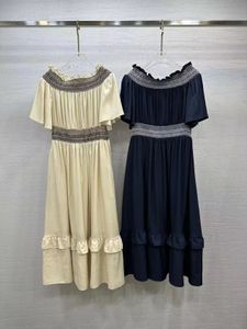 521 XL 2024 Summer Women's Runway Dress Sleeveless Embroidery Slash Neck White Dress Flora Print Mid Calf F632