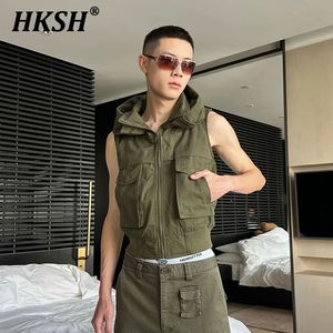 HKSH Spring Summer Mens Y2K ärmlös huva Motorcykeltank Top Tactical Pocket Pocket dragkedja utomhus Vest Chic Coat HK1368 240518