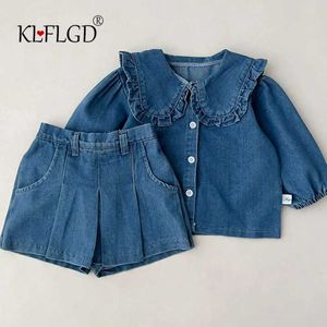 Set di abbigliamento LDRENS set in denim top in jeans+jeans versione coreana corta ragazza sport casual sport a due pezzi 0-6 anni tessuti h240530