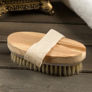 バスルームボディブラシ長いハンドルバスナチュラル剛毛ブラシは、木製のハンドルドライブラッシングシャワーツールでマッサージャーを除去します