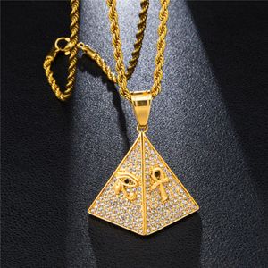 Collana a pendente piramide di zircone cubico con l'occhio di Horus e ankh Chaymms Pave Pave CZ Zircone Bling Hip Hop Gioielli Gift 2715