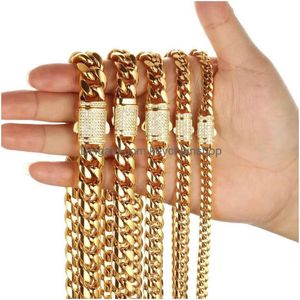 Bracelet & Necklace 6/8/10/12/14Mm Men Women Miami Cuban Link Chain Curb Choker Chains Jewelry Cnc Cubic Zirconia Box Clasp 316L Stai Dh5Xf