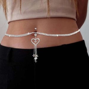 Boho Heart Dangle Rhinestone Rining Pinting Brzuch Belly Button z łańcuchem talii kobiety pępa się do pępka biżuteria