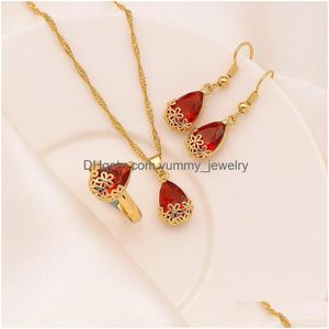 Earrings & Necklace Pendant Ring Cz Big Rec Gem With Channel 9K Fine Solid Gf Gold Water Drop Red Crystal Jewellery Set Delivery Jewe Dhzp2