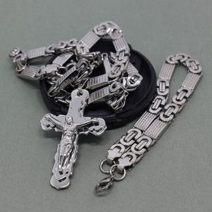 8mm Flat Byzantine Chain Stainless Steel Necklace For Men's Jesus Cross Pendant jewelry 2396