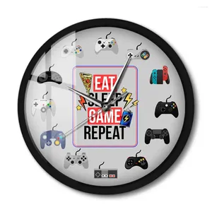 Wall Clocks Eat Sleep Game Repeat Gamepad Controllers Metal Frame Clock For Room Gamer Art Sound Activated LED Light