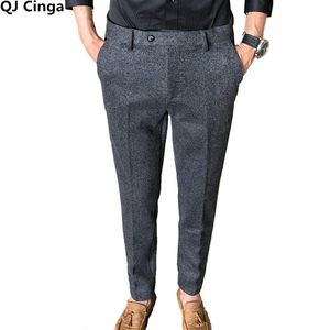 Qj cinga szary męskie wełniane spodnie jesieńinter grube spodnie Mężczyźni Slim Business Pantalones Hombre Fashion Sfers 2836 240527