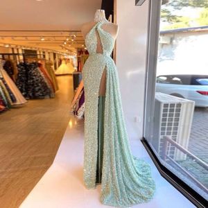 Mint Color Neck Prom Dresses Sexy High Split Mermaid Evening Gowns Sweep Train Robe De Soiree Backless Formal Party Dress 0530