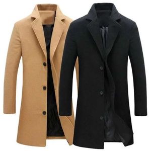 Mäns ner parkas Autumn Winter Fashion Mens ullrockar Solid Color Single Breasted Lapel Long Coat Jacket Casual Overrock Plus Size 5 Colors Z240530