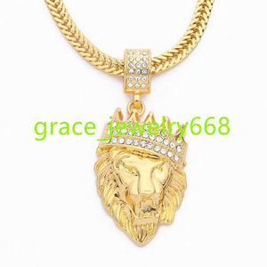 Hip Hop -smycken isade ut tydliga strider Turbotten kubansk kedja guld krona lejon huvudhänge halsband för män kvinnor