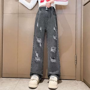 Jeans a gamba larga con buca adolescente Pantaloni in denim per bambini Girl 5 6 7 8 9 10 11 12 13 anni F4531