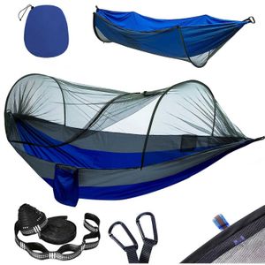 Hammocks Double Camping Hammock med Mosquito Net Pop-Up Portable Ultra Light Nylon Paraply Hanger Tree Straps H240530