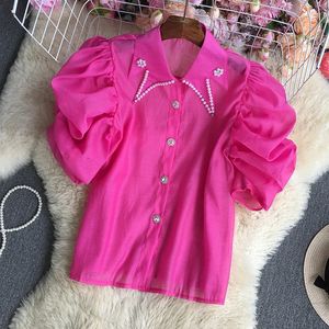 Blusa chique coreana camisa de colarinho virada para mulheres camisa de miçanga de miçangas femininas lâminas casuais de manga de sopa y2k blusas gota 240530