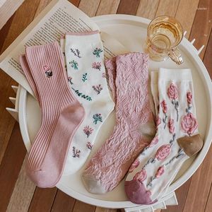 Kvinnors strumpor rose blommig prägling bomull kawaii söt japansk stil mode harajuku retro vintage streetwear rosa strumpor