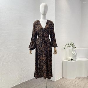 Casual Dresses Brown Floral Print Long Sleeve V-Neck Midi Dress 2024 Elegant Women Clothing