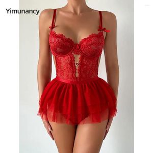 Bras Sets Yimunancy Lace Lingerie Set Women 2-Piece Red Backless Bodysuit Mesh Ball Gown Bow Panty Intimates Valentine Day