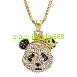 Hip Hop Jewelry Stainless Steel Crystal Diamond Panda Necklace Custom Gold Plated Crown Pendant Necklace