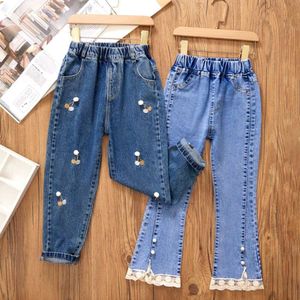 for 1-12 Years Girls Denim Pants Satin Lace Loose Wide-Legged Trousers Casual Flared Legs Britches Full Season Children's Wear L2405