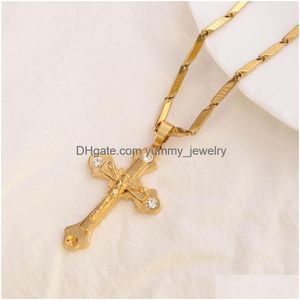 Pendant Necklaces Thai Baht G/F Gold Cross Cz 9 K Solid Fine Yellow Charms Lines Necklace Christian Jewelry Factory God Drop Delivery Dhifn