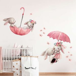 Cartoon Pink Paraply Butterfly Bunny In Love Stickers Kids Nursery Wall Decals For Girl Room Baby Shower PVC L2405