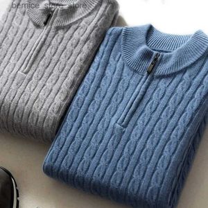 Herrtröjor Autumn Winter Mens Cashmere Sweater Classic Comfort Fit Twisted Cashmere Sticked Half Zip Stand Collar Q240530