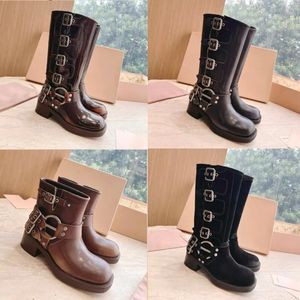 Designer Boots Woman Harness Belt Buckled Cowhide Leather Biker Knee Boots Chunky Heel Zip Knight Boots Fashion Square Toe Ankel Booties for Women