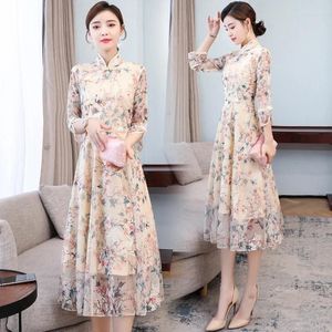 Casual Dresses Spring Summer Women Qipao Dress Modern Improve Three Quarter Sleeve Chinese Style Cheongsam Lace Vintage Embroidery