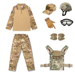 Camouflage Kid Child Uniform CS BDU Set Outdoor Sports Airsoft Gear Jungle Hunting Woodland Tactical Helmet Vest Cap Set Combat CH2331325