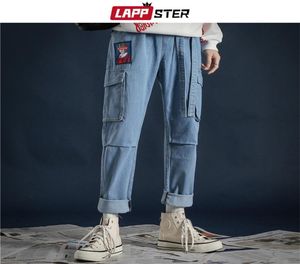 Lappster coreano Fashoins Streetwear calças 2020 fitas harajuku jeans folgados de alta qualidade bolsos de jeans de jeans azul cx24960273