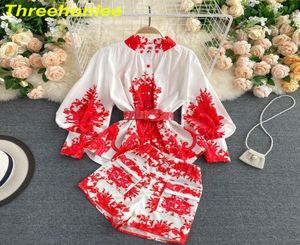 2021 Summer Two Piece Set Women Vintage Printed Pull Sleeve Blouse Tops And Woman Shorts Fashion 2 Piece Set Fall Clothing9441554
