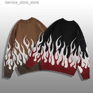 Herrtröjor 2024 Autumn New American Street Trendy Personality Flame Garn Weaving Round Neck Loose Sticked Shirt Mens Trendy Brand Sweater Q240530