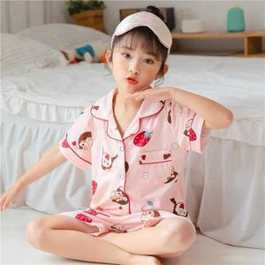 Pękama 2-12 lat Summer Baby Girl Pajama Zestaw z guzikami Ubrania z krótkim rękawem Strawberry Tops Shorts Dzieciowe odzież snu Dzieci PJS Y240530