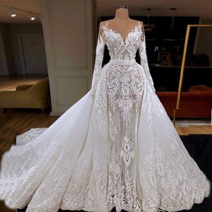 Delicate Customized Full Lace Detachable Mermaid Dresses New Fashion Long Sleeve Bridal Wedding Gowns Sheer Neck 0530