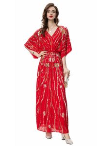 521 XXXL 2024 Summer Women's Runway Dress Short Sleeve V Neck Embroidery Black Red Sequins Pink Dress Flora Print Mid Calf AS