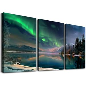 Aurora borealis canvas väggkonst, gröna aurora träd sjön bild tryck aurora landskap målning affisch för badrum kök dekor 12'x16''x3 paneler