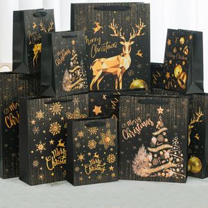 2024 New Santa Claus Elk Shopping Bag Assorted Sizes Reusable Packaging Christmas Paper Gift Bag With Ribbon Handles Holiday Black Bags Bulk for Present Wrap Decor
