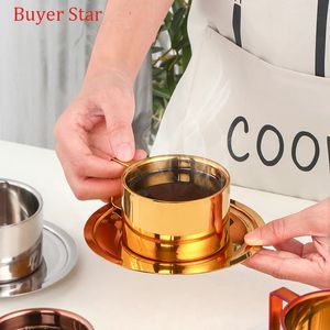 200 ml Guld kaffekoppfat Ställ in rostfritt stål Mugg Tea Cup med Tray Metal Water Milk Cups Cafe Party Drinkware Kitchen Tools 240529