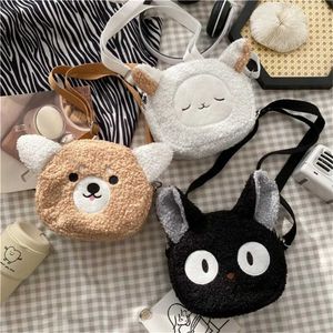 Mochilas de pelúcia 1/2/3 Cat preto corgi recheado desenho animado animal kaii saco de estilo japonês ombro de ombro pequeno bolsa de celular para crianças